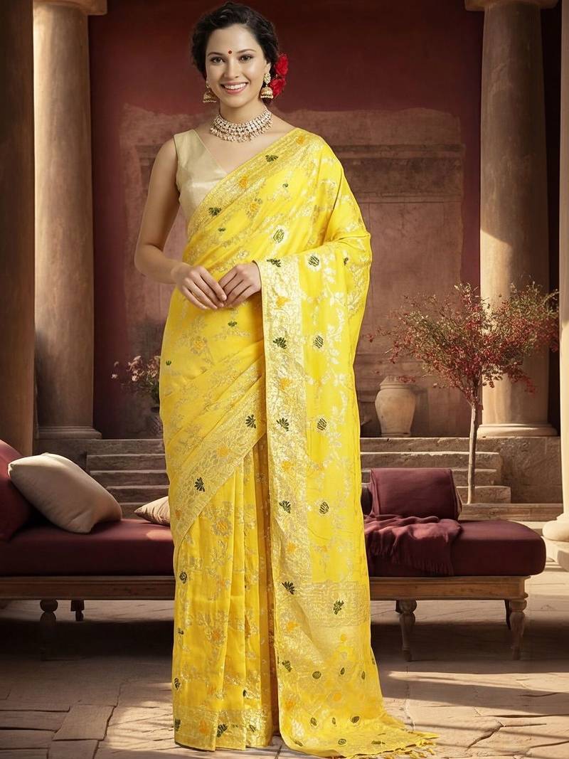 yellow woven design zari silk blend designer banarasi saree