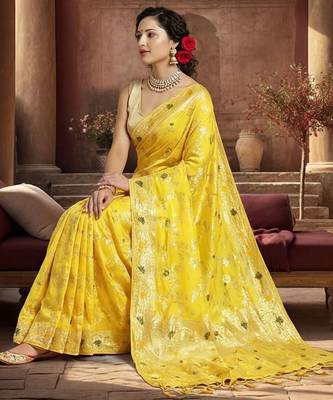 yellow woven design zari silk blend designer banarasi saree 2