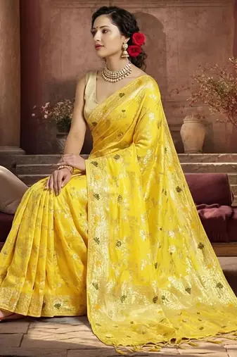 yellow woven design zari silk blend designer banarasi saree