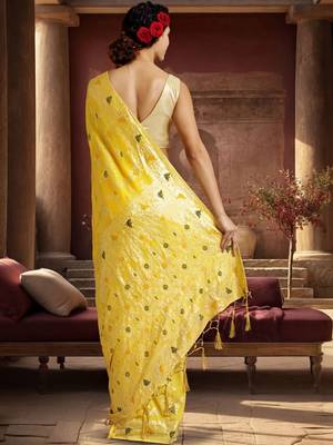 yellow woven design zari silk blend designer banarasi saree 3