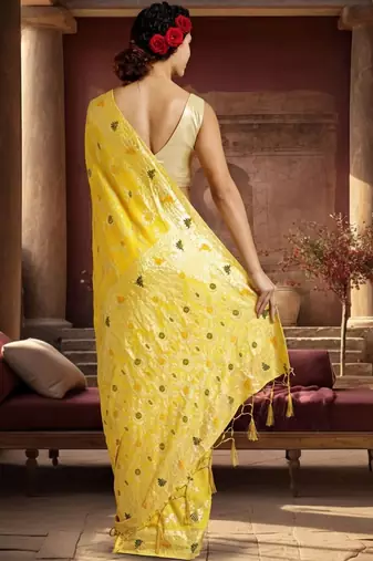 yellow woven design zari silk blend designer banarasi saree