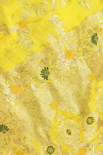 yellow woven design zari silk blend designer banarasi saree