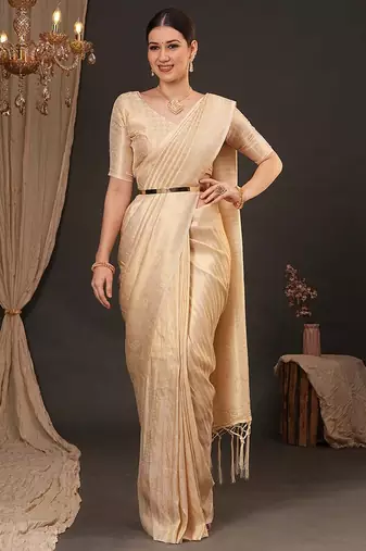Cream ethnic motifs zari silk blend kanjeevaram saree