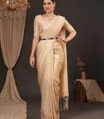 Cream ethnic motifs zari silk blend kanjeevaram saree