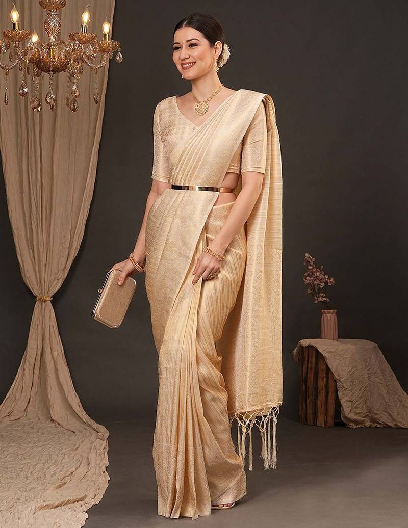 Cream ethnic motifs zari silk blend kanjeevaram saree