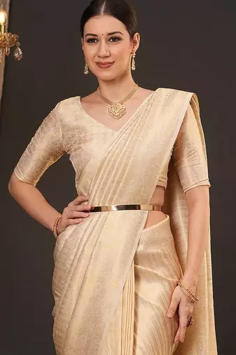 Cream ethnic motifs zari silk blend kanjeevaram saree
