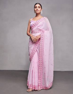 pink pink & red ethnic motifs embroidered pure georgette saree 1