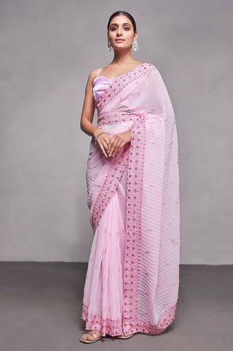 pink pink & red ethnic motifs embroidered pure georgette saree