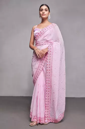 pink pink & red ethnic motifs embroidered pure georgette saree