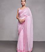 pink pink & red ethnic motifs embroidered pure georgette saree