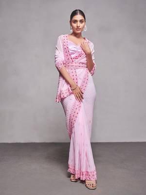 pink pink & red ethnic motifs embroidered pure georgette saree 2