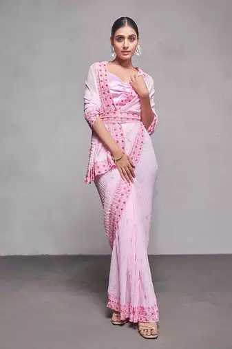 pink pink & red ethnic motifs embroidered pure georgette saree