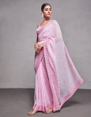 pink pink & red ethnic motifs embroidered pure georgette saree 3