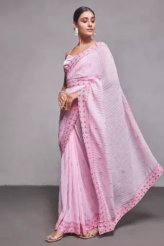 pink pink & red ethnic motifs embroidered pure georgette saree