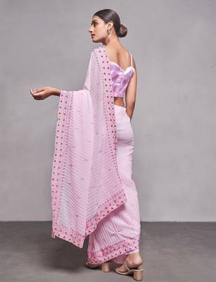 pink pink & red ethnic motifs embroidered pure georgette saree 4