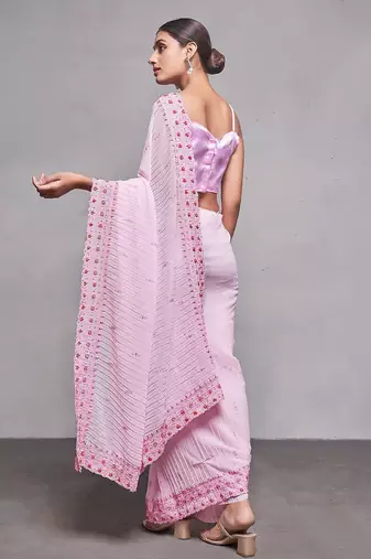 pink pink & red ethnic motifs embroidered pure georgette saree