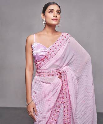 pink pink & red ethnic motifs embroidered pure georgette saree 5