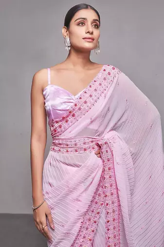 pink pink & red ethnic motifs embroidered pure georgette saree