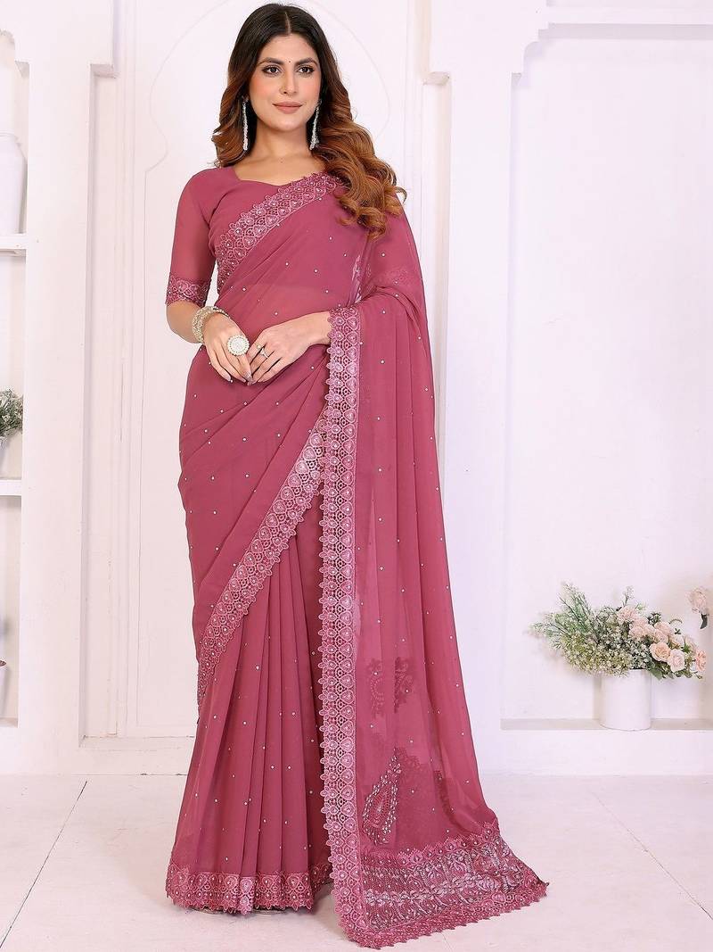 Pink embellished embroidered poly georgette heavy work saree