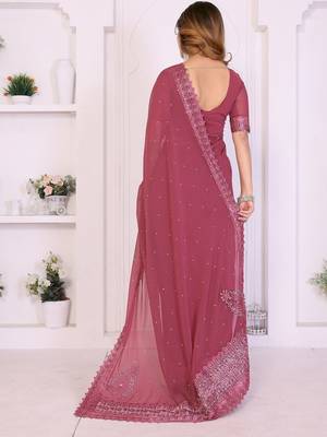Pink embellished embroidered poly georgette heavy work saree 2