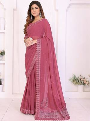Pink embellished embroidered poly georgette heavy work saree 3