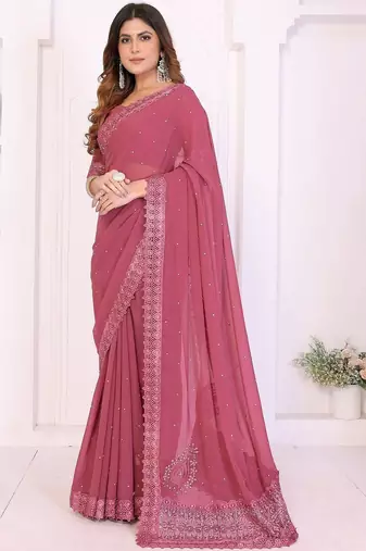Pink embellished embroidered poly georgette heavy work saree