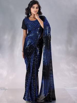 Black striped sequinned pure georgette designer saree 1