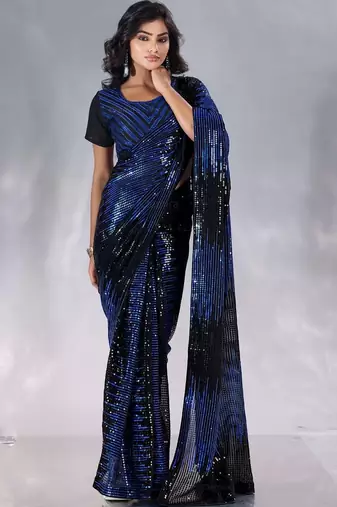 Black striped sequinned pure georgette designer saree