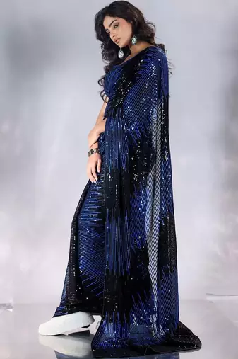 Black striped sequinned pure georgette designer saree