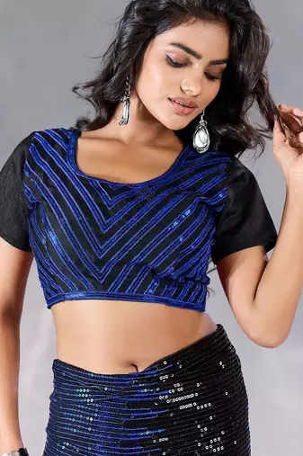 Black striped sequinned pure georgette designer saree
