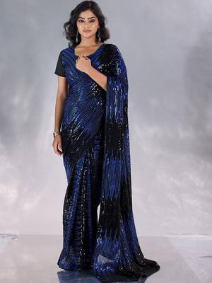 Black striped sequinned pure georgette designer saree 5