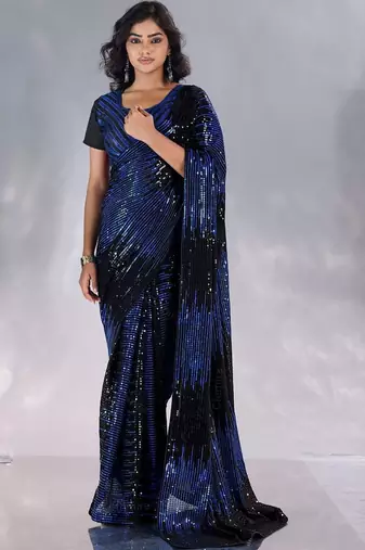 Black striped sequinned pure georgette designer saree