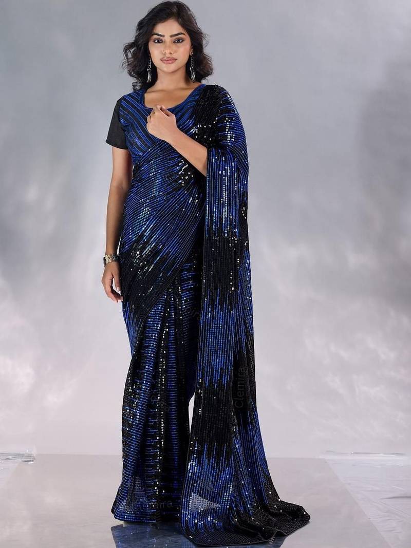 Black striped sequinned pure georgette designer saree