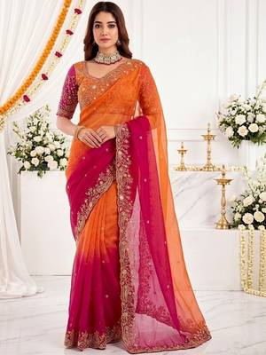 multicolor embellished embroidered satin heavy work saree 1