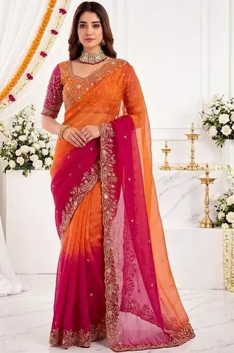 multicolor embellished embroidered satin heavy work saree