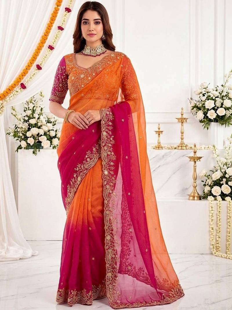 multicolor embellished embroidered satin heavy work saree