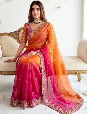 multicolor embellished embroidered satin heavy work saree 3