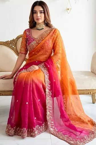 multicolor embellished embroidered satin heavy work saree