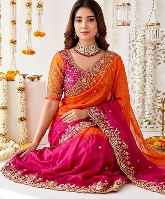multicolor embellished embroidered satin heavy work saree 4