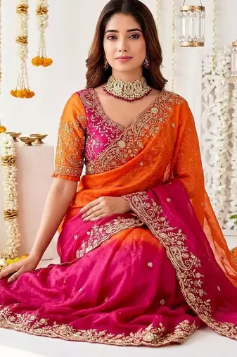 multicolor embellished embroidered satin heavy work saree