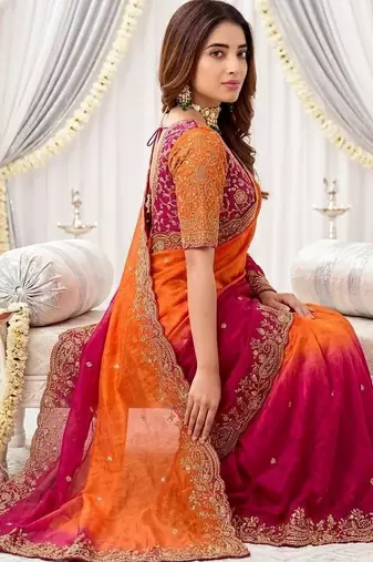 multicolor embellished embroidered satin heavy work saree