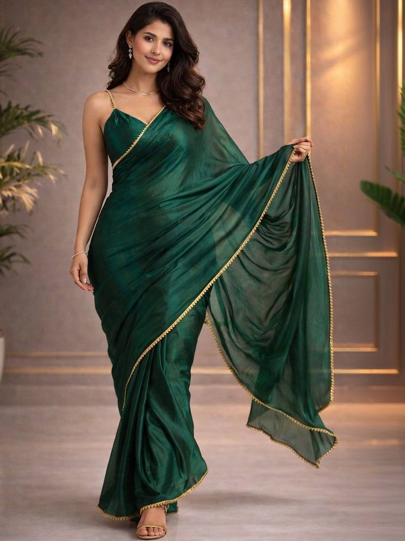 green pure chiffon saree with blouse piece