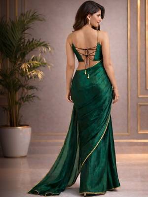 green pure chiffon saree with blouse piece 3