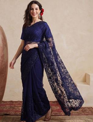 Navy blue embellished embroidered net designer saree 1