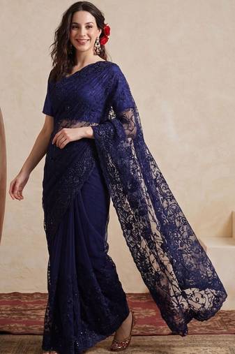 Navy blue embellished embroidered net designer saree