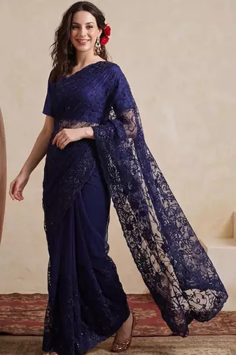 Navy blue embellished embroidered net designer saree