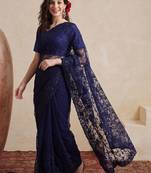 Navy blue embellished embroidered net designer saree