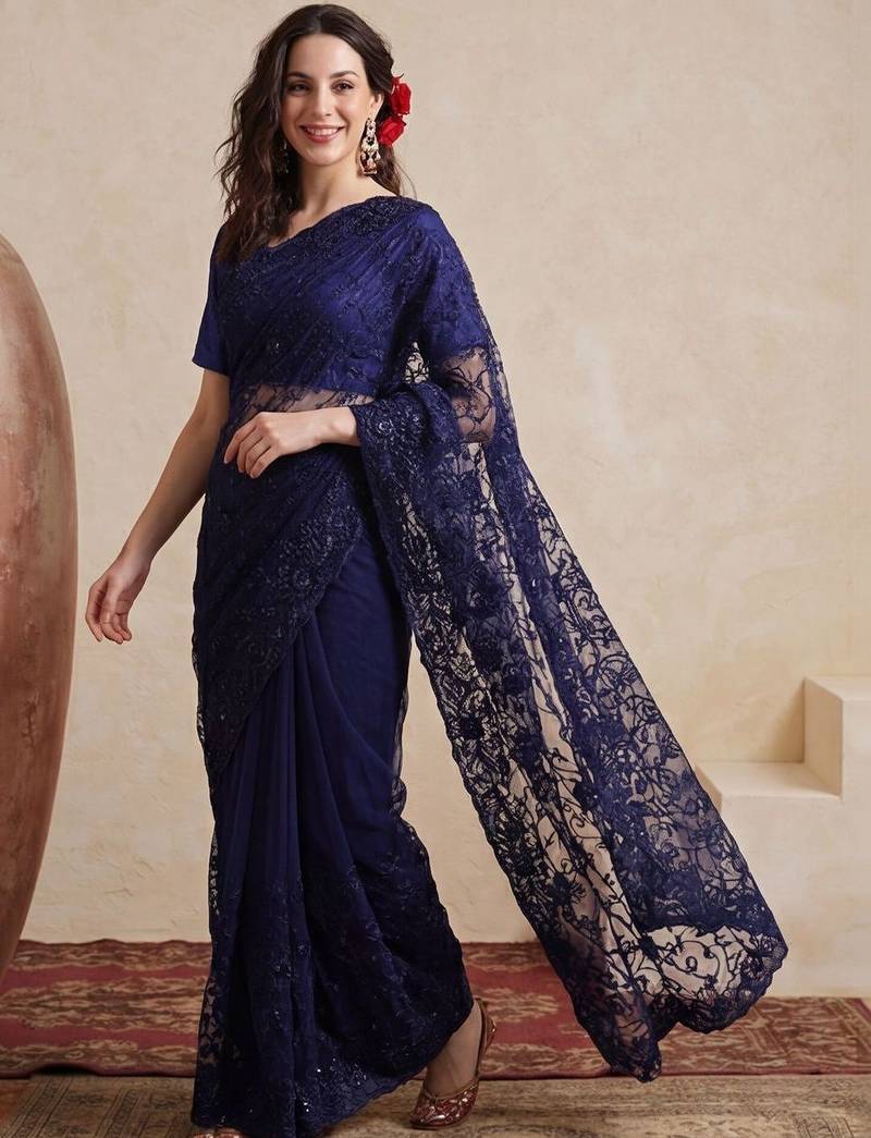 Navy blue embellished embroidered net designer saree