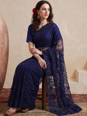 Navy blue embellished embroidered net designer saree 2