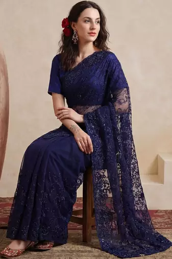 Navy blue embellished embroidered net designer saree